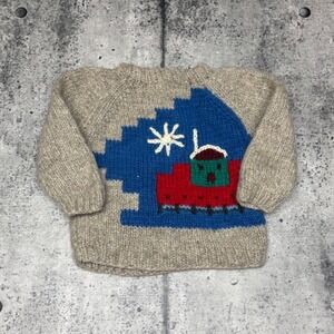 Vtg 80s/90s Handmade Kids Wool Knit Sweater Winter House Snowflake Pullover